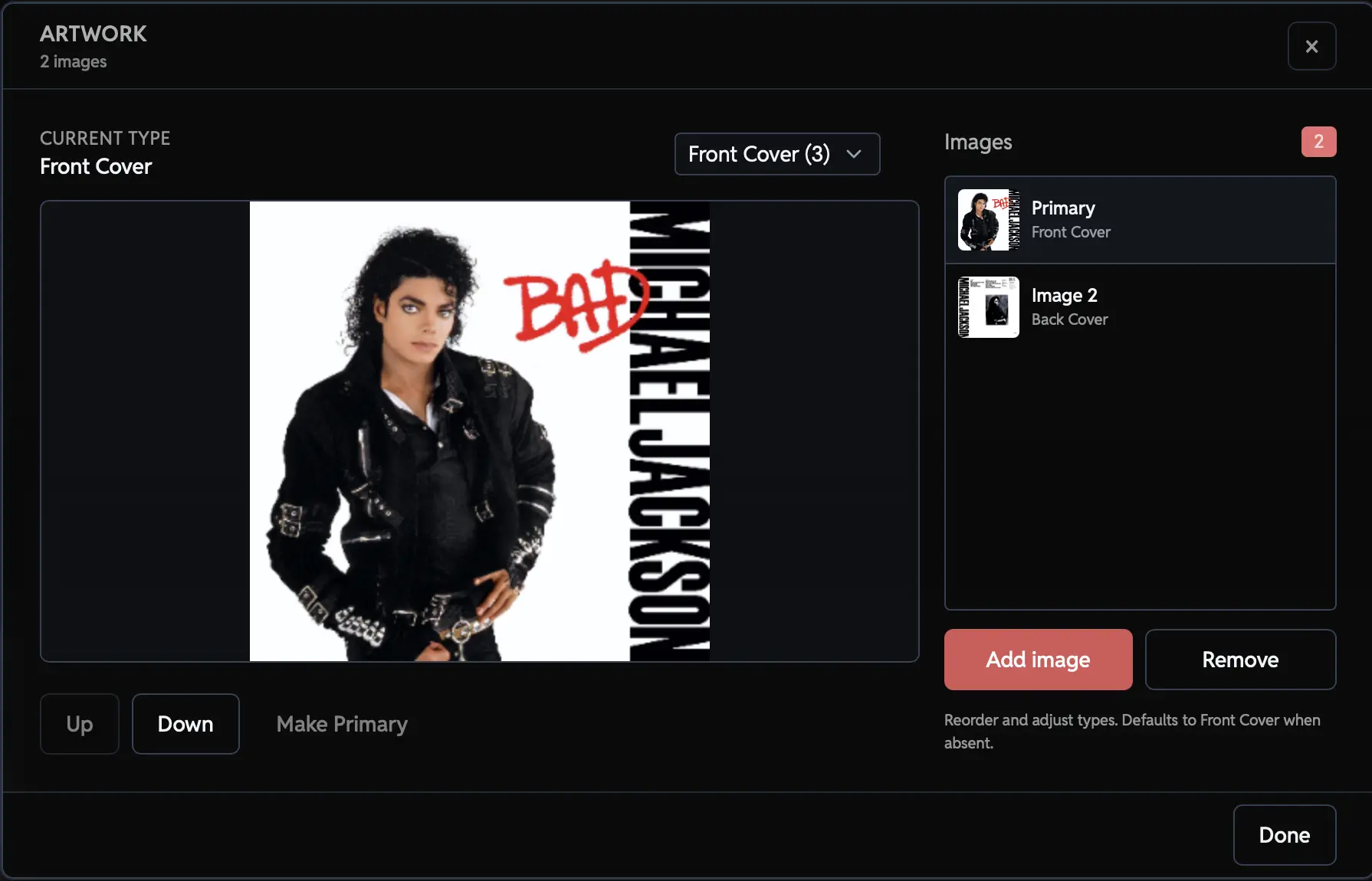 Audexis interface showing embedded artwork manager with multiple album covers including front cover, back cover, and disc art