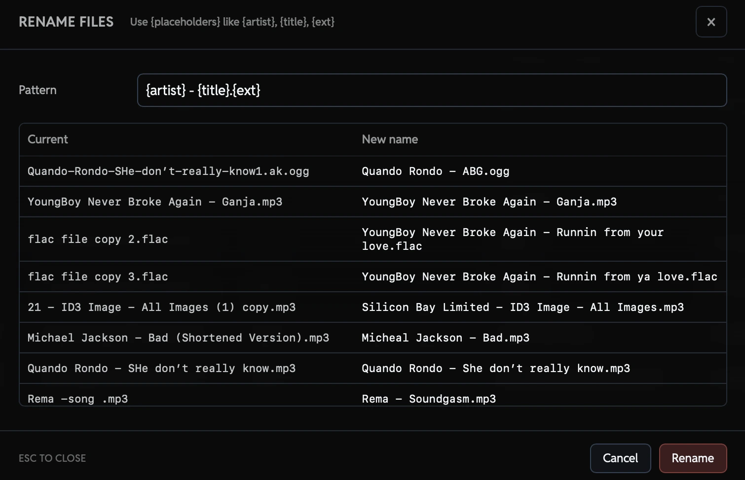 Pattern-based file renaming interface in Audexis showing customizable metadata tag patterns with before and after filename preview