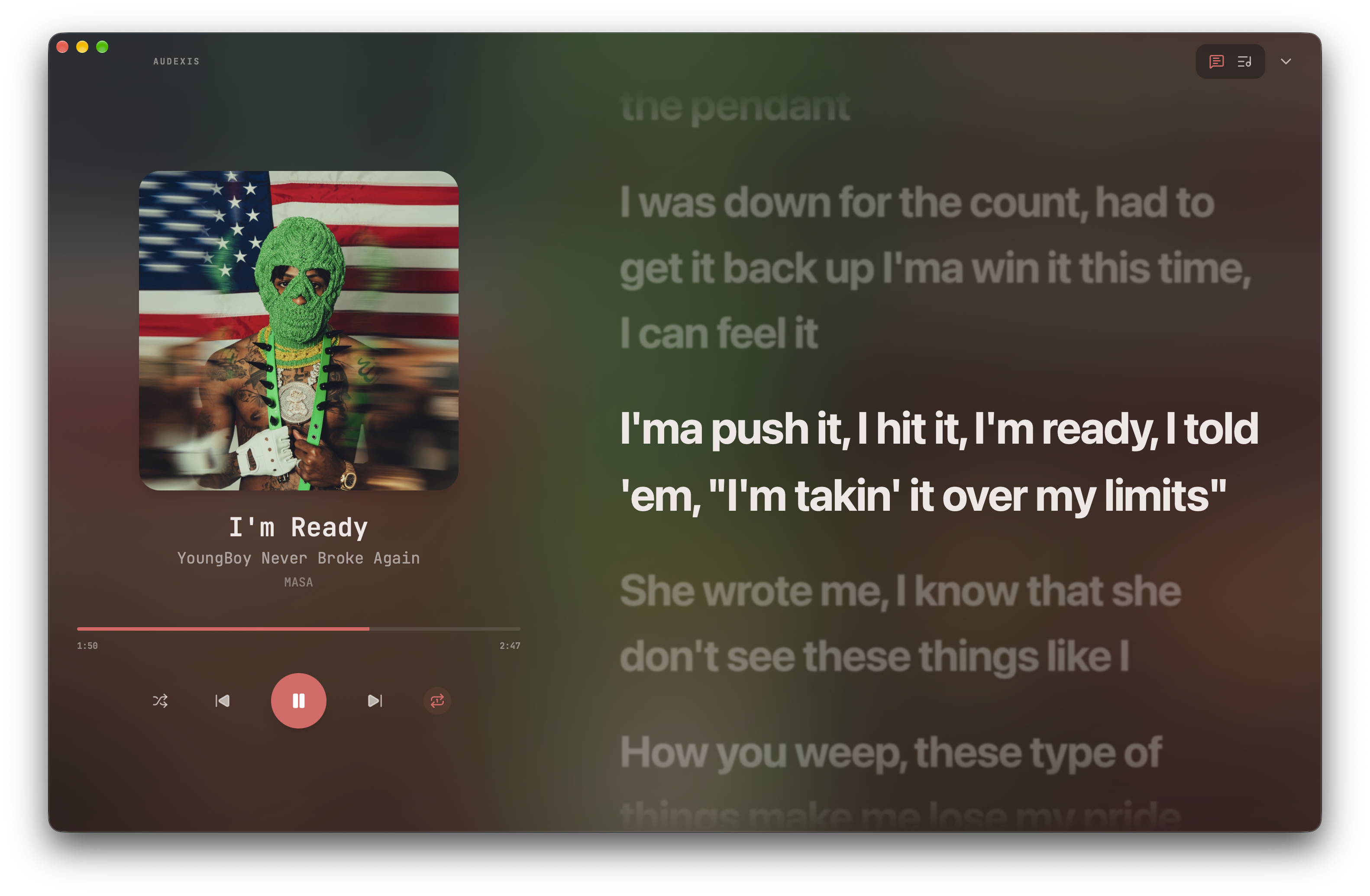 Audexis fullscreen player showing album artwork, playback controls, and the lyrics panel.