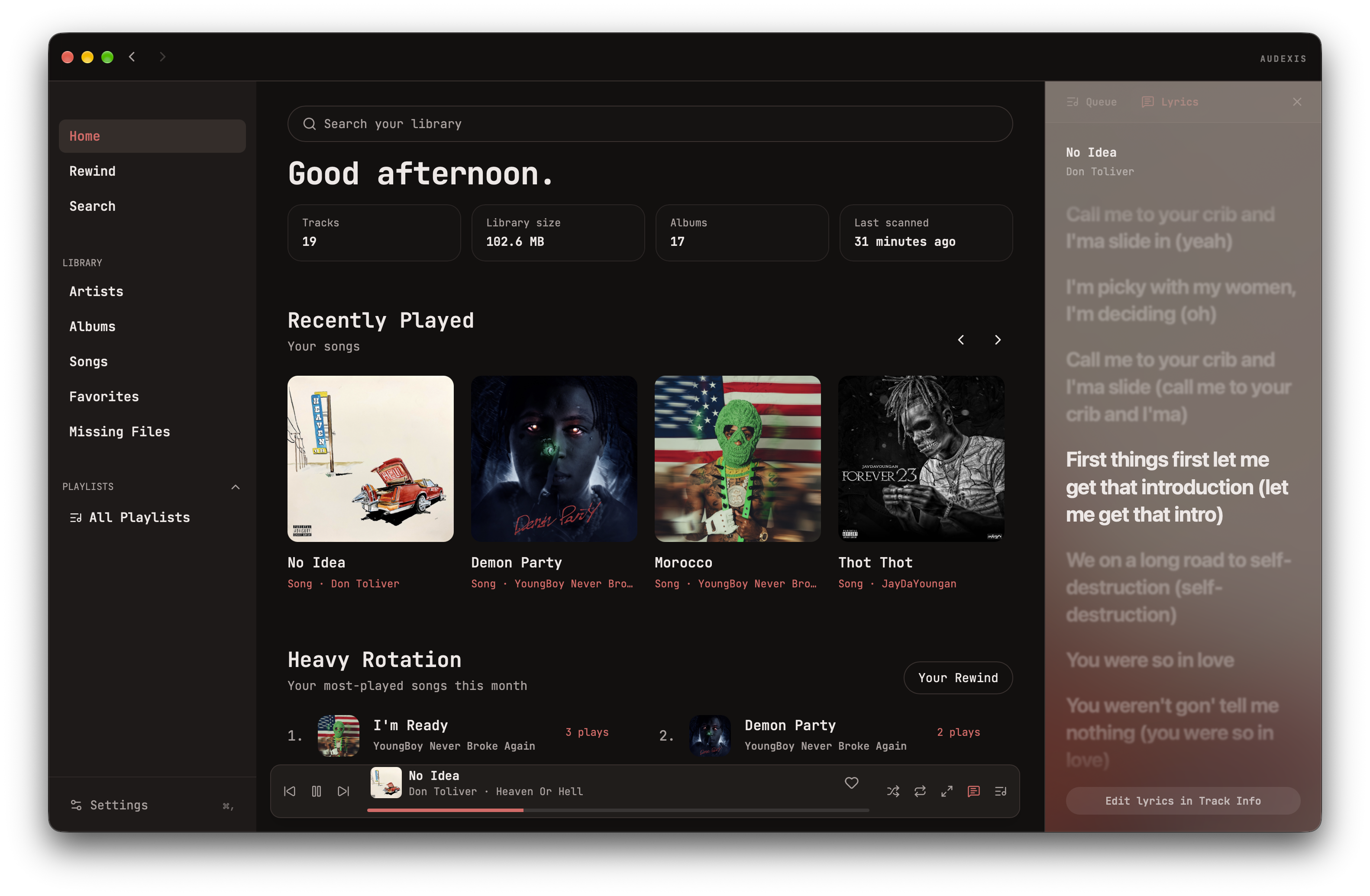 Audexis Home with recently played album artwork, library information, and songs in heavy rotation.